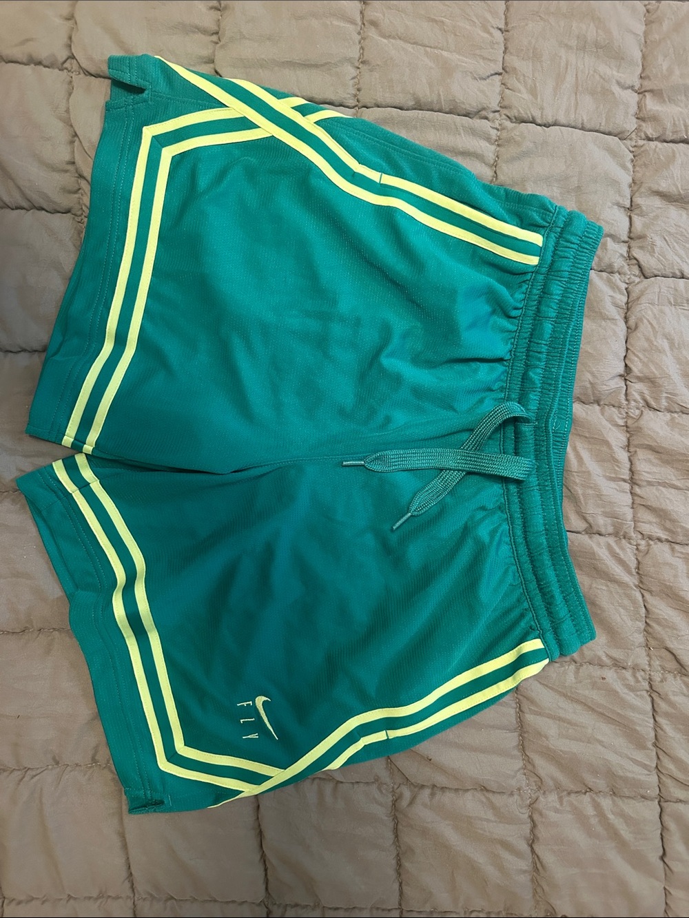 Nike Women’s Teal Athletic Shorts with Neon Lime Stripes